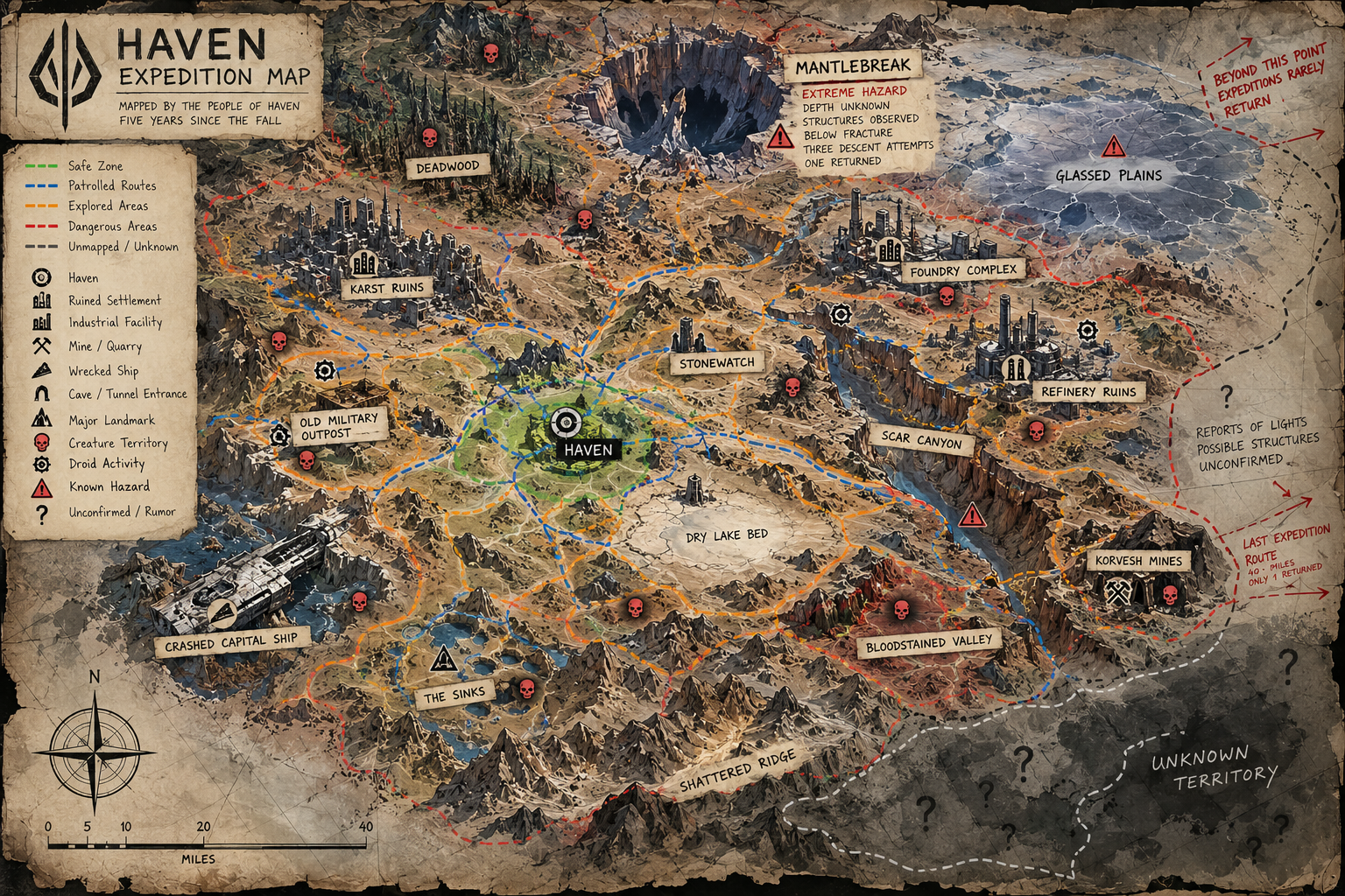 Haven Expedition Map showing the explored badlands surrounding Haven